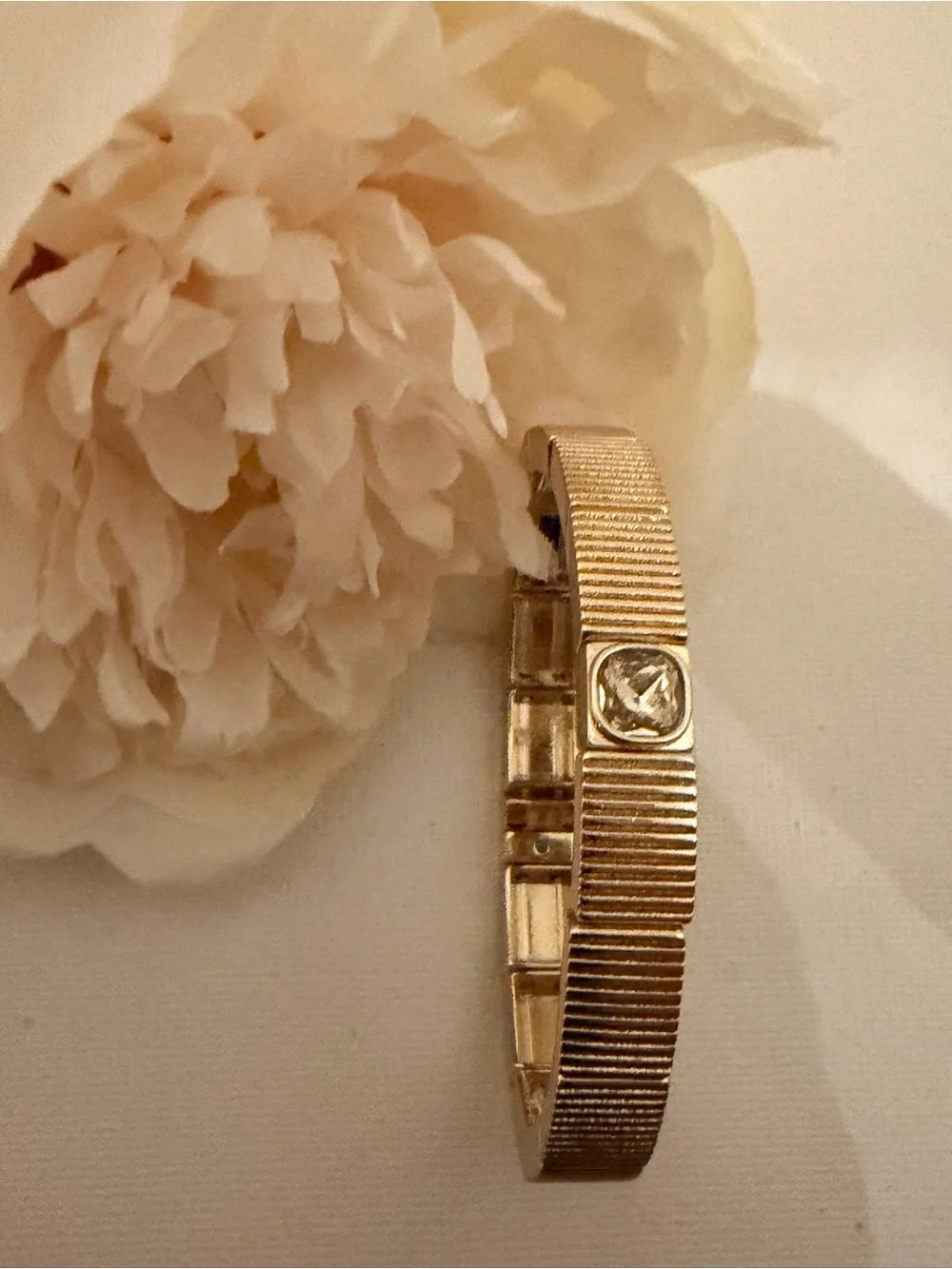 Roxanne Assoulin Gold Ribbed Cuff Bracelet with Crystal Stone NEW AUTHENTIC
